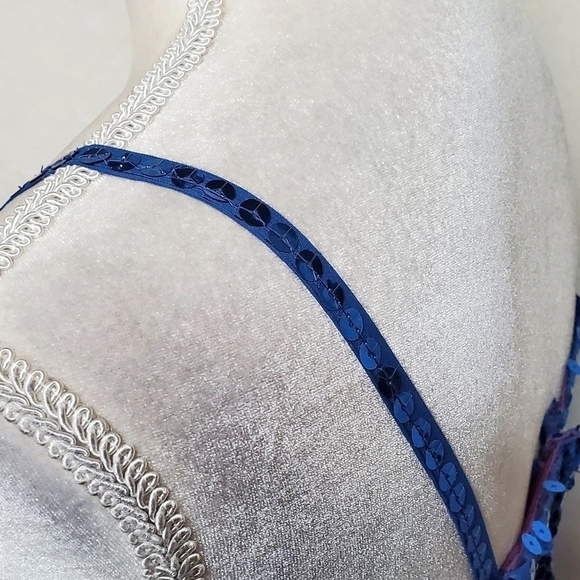 VINTAGE Alyce Designs Blue Silver Sequin Floral Bustier Side Slit Maxi Dress M - Picture 10 of 16